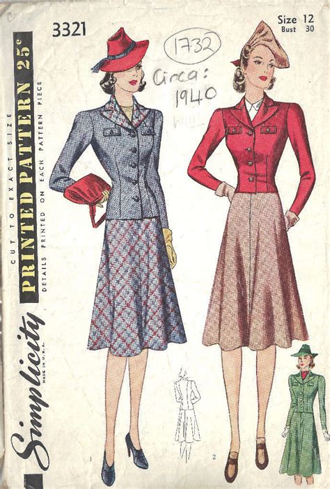 1940 WW11 Vintage Sewing Pattern B30 SKIRT JACKET 1732R The