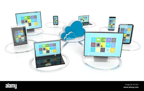 Cloud icon with communication devices around it, isolated on white ...