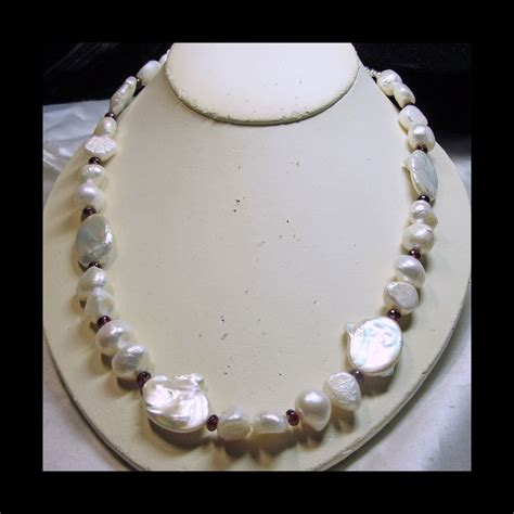 Freshwater Baroque And Coin Pearl Necklace With Garnets From Lantiques On Ruby Lane