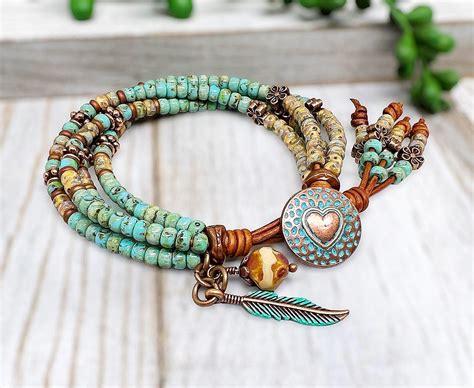 Beaded Leather Wrap Bracelets For Women Boho Jewelry Four Strand