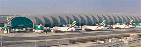 Emirates Airbus A380 airplanes panorama Dubai airport in the United ...