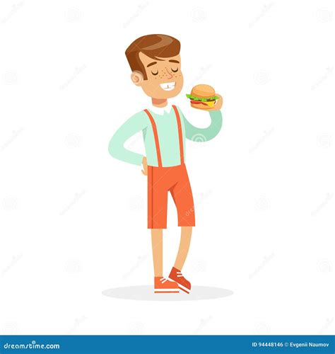 Smiling Boy Eating Hamburger Colorful Character Vector Illustration