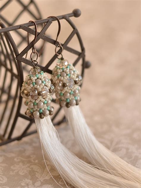 Long Beige Silk Tassel Luxury Earrings Beaded Beads Earrings Bridesmaid