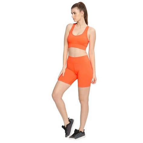 Women Sports Bra And Yoga Shorts Set Neon Orange At Rs 1799 00