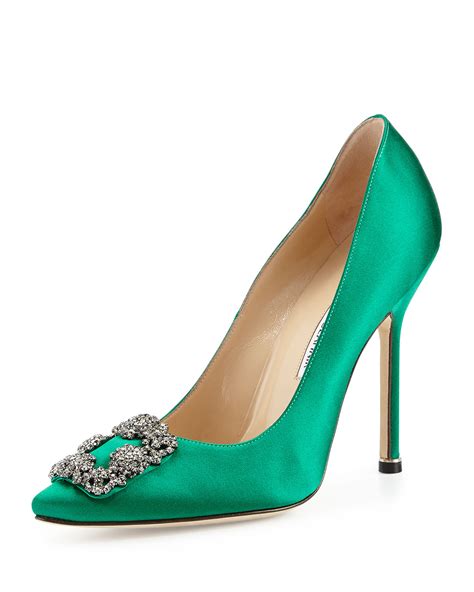 Lyst Manolo Blahnik Hangisi Crystal Buckle Satin Pump In Green