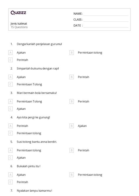 50 Lembar Kerja Jenis Kalimat Untuk Kelas 1 Di Quizizz Gratis And Dapat Dicetak