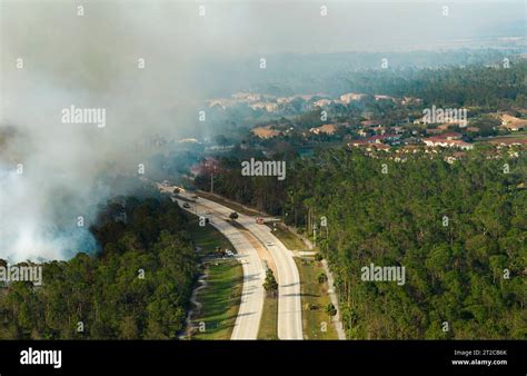 Fire Department Firetrucks Extinguishing Wildfire Burning Severely In