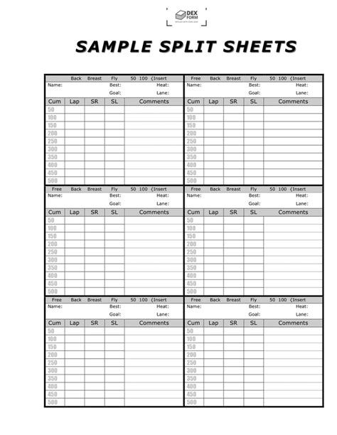 Swimming Sample Split Sheets In Word And Pdf Formats