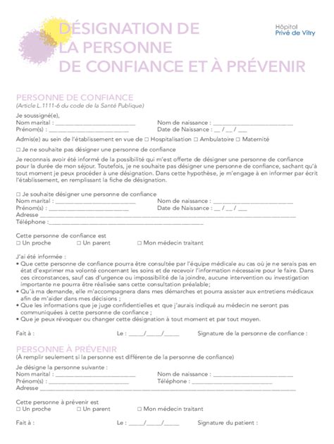 Remplissable En Ligne DSIGNATION DE LA PERSONNE DE CONFIANCE ET Fax