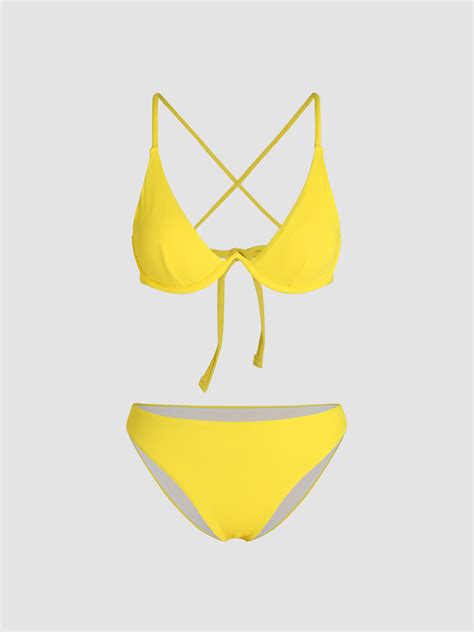 Solid Rib Knotted Bikini Swimsuit Cider