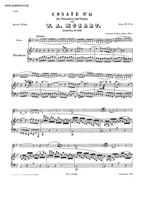 Wolfgang Amadeus Mozart Allegro In B Flat Major K 372 琴譜pdf 香港流行鋼琴協會