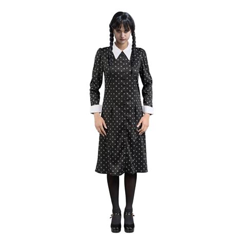 NEU Damen Kostüm Wednesday Addams schwarzes Kleid mit weißen Motiven