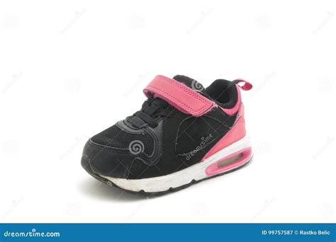 Used Pink Black Shoe For Kids Isolated On White Background Stock