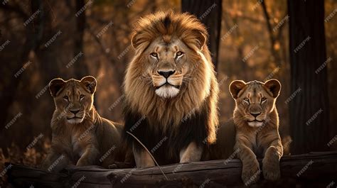 Premium AI Image | Lion family on a log with a tree in the background