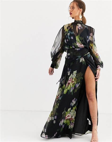 Asos Design Blurred Dark Based Floral Print Maxi Dress Multi Modesens