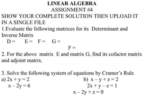 Solved Linear Algebra Assignment Show Your Complete Solution Then