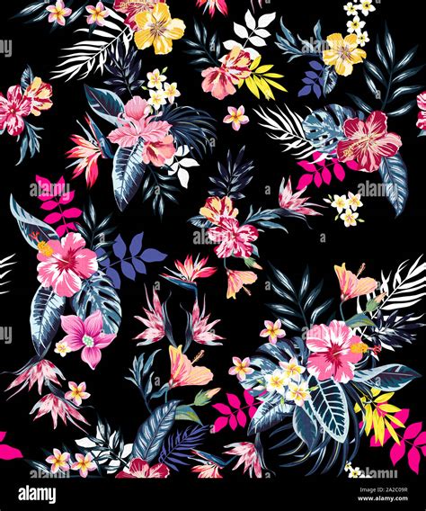 Seamless colored tropical flowers for textile; Retro Hawaiian style ...