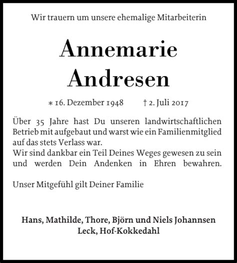 Traueranzeigen Von Annemarie Andresen Sh Z Trauer