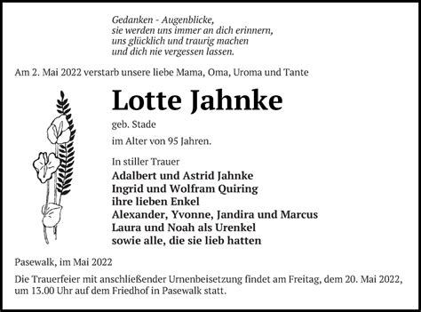 Traueranzeigen Von Lotte Jahnke Trauer Nordkurier