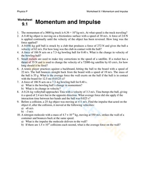 Momentum And Impulse Worksheet