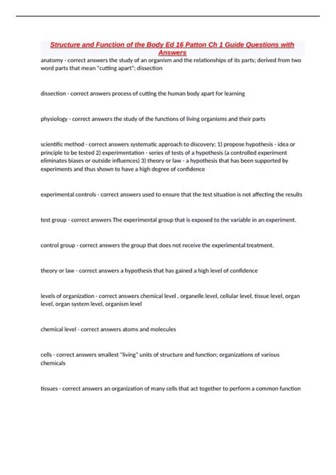 Structure and Function of the Body Ed 16 Patton Ch 1 Guide Questions