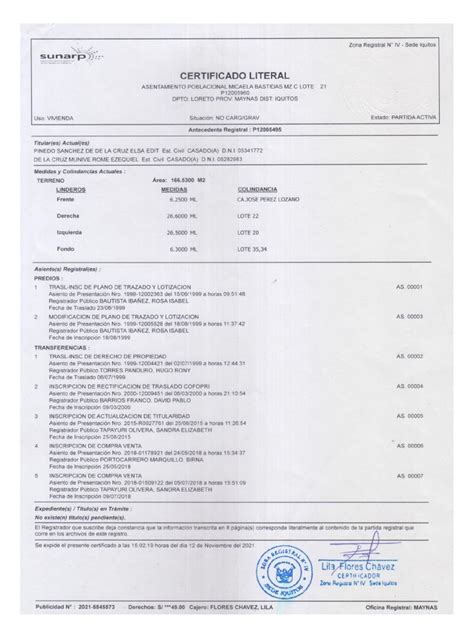 Certificado Literal Sunarp Pdf