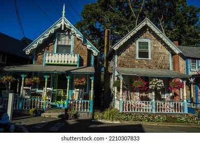 Old Martha Vineyard Gingerbread Houses Historical Stock Photo