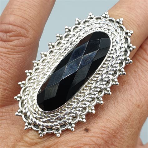 Sterling Zilveren Ring Facet Onyx Verstelbaar Zilveren Edelsteen