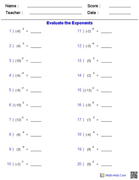 Powers And Exponents Worksheets