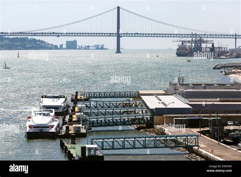 Modern Ferries At Tagus River In Lisbon Portugal At Terminal Fluvial