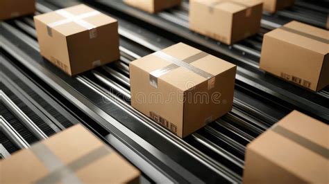 Cardboard Boxes Glide Along A Conveyor Belt Navigating A Corner In A