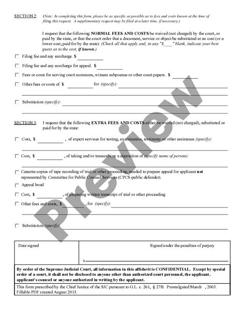 Massachusetts Affidavit Of Indigency And Request For Waiver Payment Of Fees And Costs