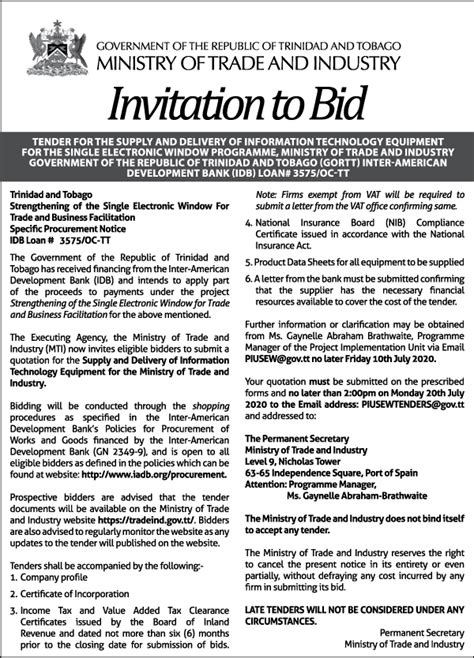 Invitation To Bid Tender For The Supply And Delivery Of Information