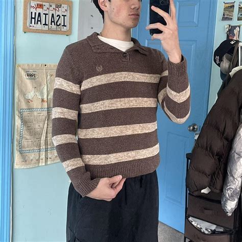 Brown Striped Grandpa Sweater Chaps M Dope Depop