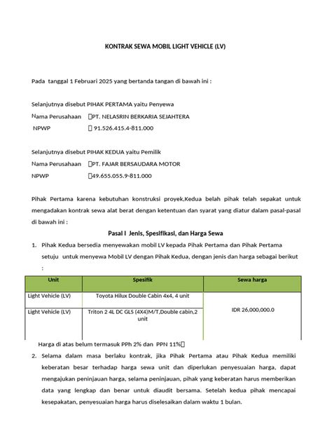 kontrak sewa mobil lv