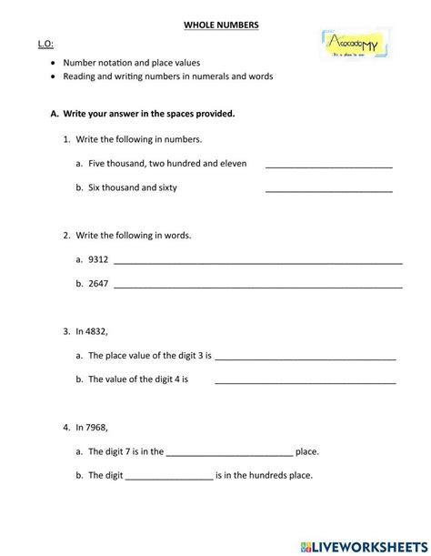 Whole Numbers free exercise | Live Worksheets