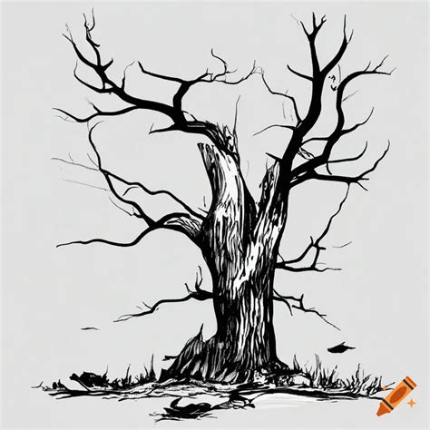 Black And White Ink Drawing Of A Split Dead Tree On Craiyon