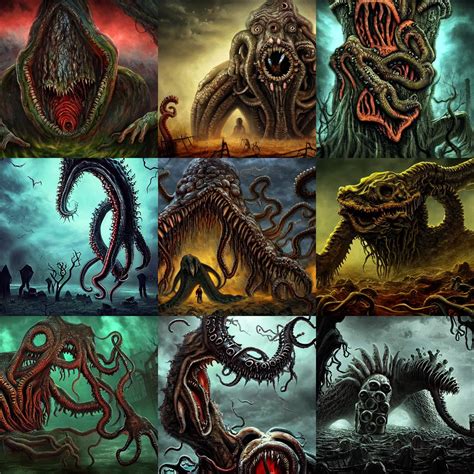 Lovecraftian Monster Devouring Villagers Horror Stable Diffusion