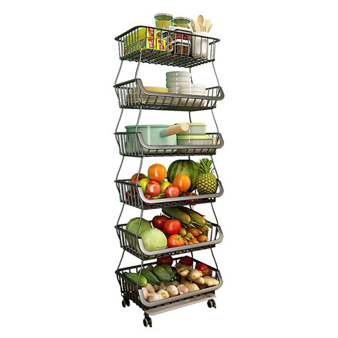 Fruit And Vegetable Rack Metal Wire Basket With Wheels Tier Stackable