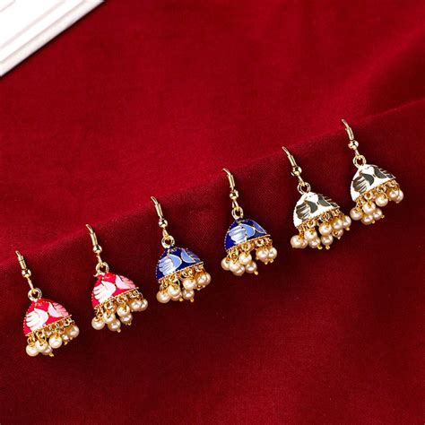 Buy Yellow Chimes Set Of Pairs Gold Plated Meenakari Jhumka Earrings