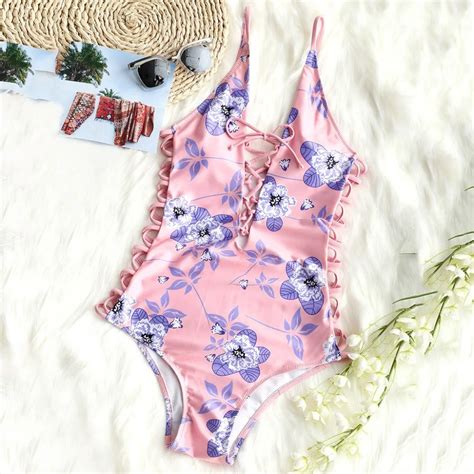 Sexy Floral Print Deep V Lace Up One Piece Swimsuit High Waist Push Up