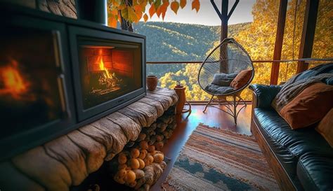 Premium AI Image | cozy autumn ambience with fireplace and autumn ...