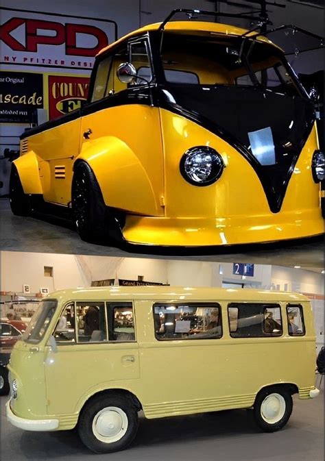 An Old Yellow Vw Bus Is Parked In A Showroom Next To A New Vw Bus