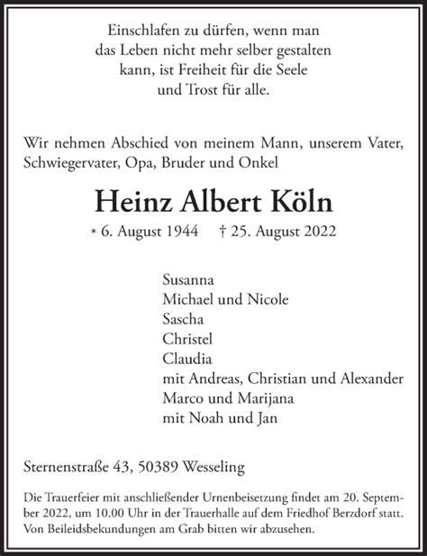 Traueranzeigen Von Heinz Albert K Ln Wirtrauern