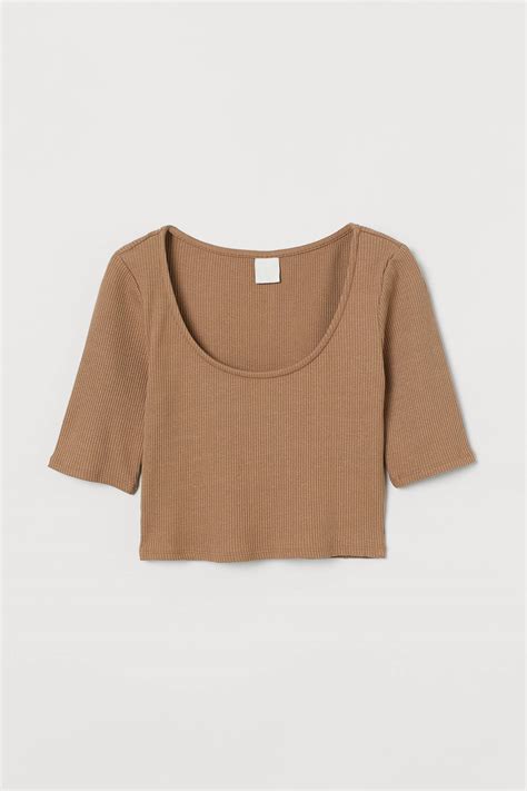 Ribbed Cropped Top Dark Beige Ladies Handm Gb