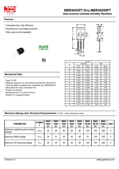 Mbr4060pt Datasheet Pdf Dual Common Cathode Schottky Rectifiers