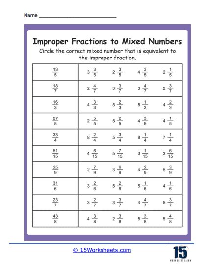 Improper Fractions To Mixed Numbers Worksheets 15