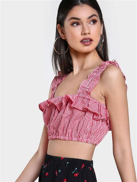 Ruffle Plaid Print Crop Top Red Shein Sheinside