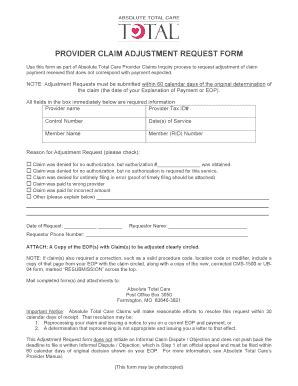 Fillable Online Provider Claim Adjustment Request Form Absolute Total