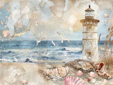 Premium Photo | A painting of a lighthouse and sea shells